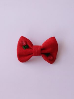 Lniana haftowana mini spinka do włosów kokarda czerwona