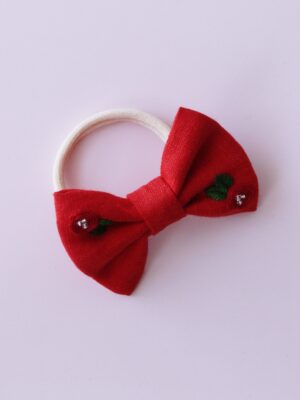 Gumka do włosów z kokardką z lnu czerwona